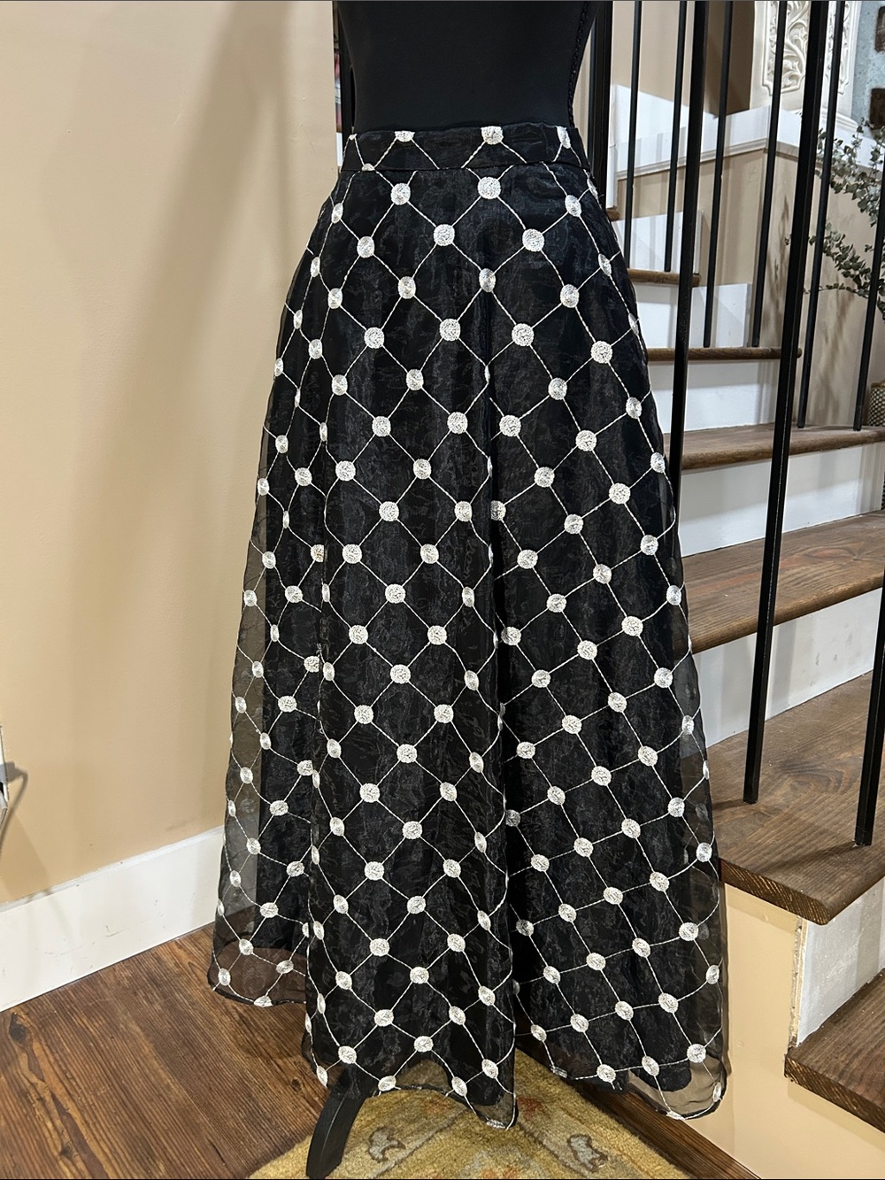 MSK ladies S formal Black Maxi Skirt with White Lattice Appliqué overlay